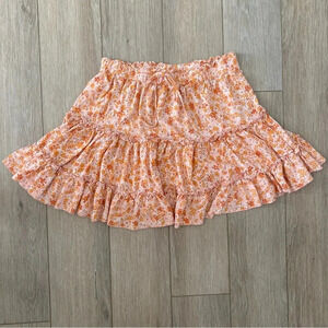 New Look Women’s Ruffled Floral Mini Skirt Elastic Drawstring Peach White Lg EUC
